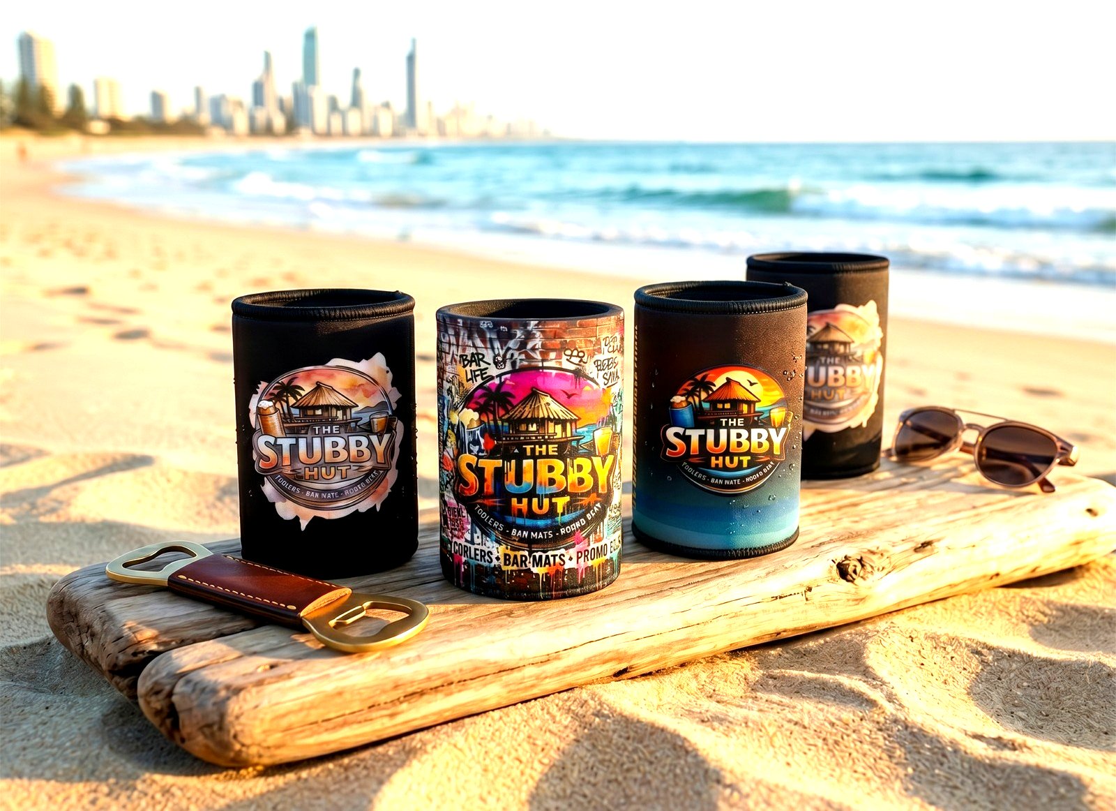 The Stubby Hut custom stubby coolers and personalised stubby holders on Surfers Paradise beach Gold Coast